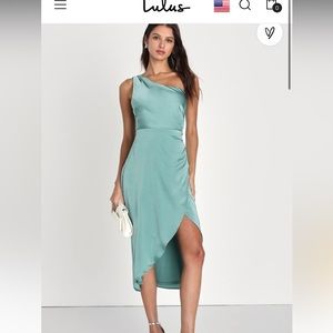Lulu’s Aesthetic of Elegance Dark Sage Ruche One-Shoulder Midi Dress